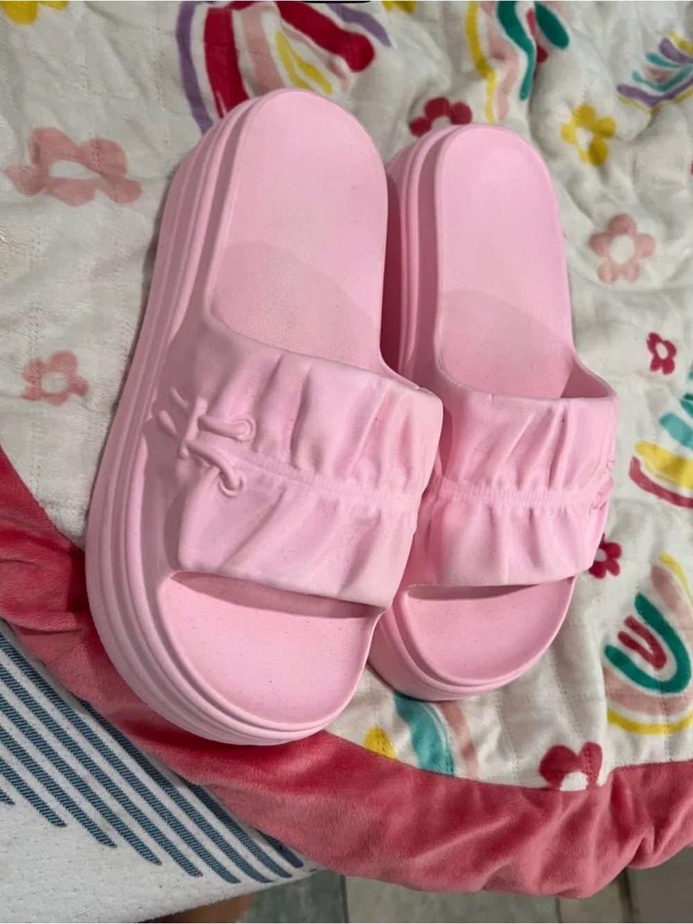 Girls Pink Slide Sandals with Ruched Strap